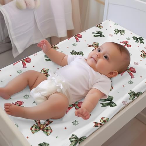 Watercolor Christmas Bows Winter Holiday Snowflakes Pattern Baby Changing Pad Cover, Unisex Bows Nursery Diaper Changing Table Pad Mat Sheet for Boys Girls-16x32