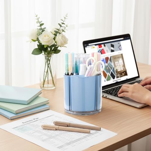Comix 360° Rotating Pen Holder for Desk, Blue Pencil Holder with 5 Slots