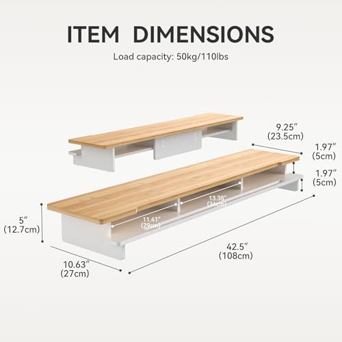 42.5" Dual Monitor Stand Riser with Phone Holder Desk Shelf White