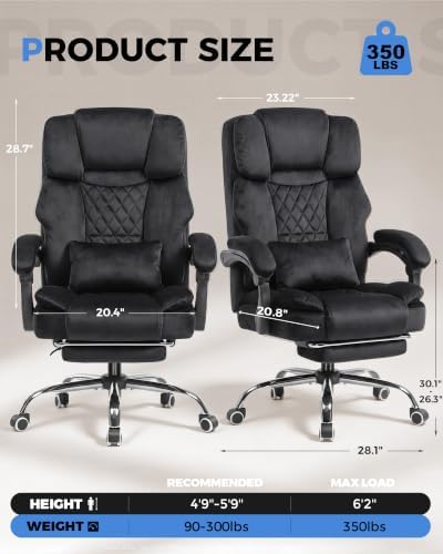 GTPLAYER Big and Tall Office Chair with Pocket Spring Cushion & Ergonomic Lumbar Support for Lower Back Pain Relief, High Back Computer Gaming Chair with Foot Rest, Soft Velvet Fabric, Black