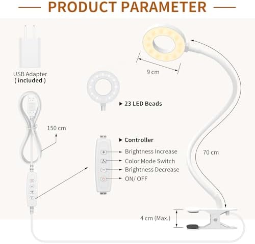 iZELL Reading Light, USB Clamp Lamp for Child Reading Book in Bed at Night, LED Small Desk Lamp with Silicone Adjustable Arm Clip on Beside Table for Studying Working Drafting Sewing - 15.8‘’ White