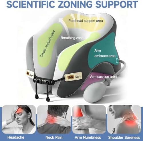 Desk Pillow for Napping, Neck Pillow for Office Chair Headrest, Neck Support Pillows for Desk Sleeping, Inflatable Neck Pillow for Work/Travel/Airplane, Face Down Pillow, Adjustable Height (Grey)