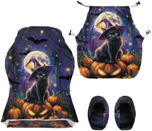 Halloween Gaming Chair Protector Slipcover 4-Piece Fits Office/PC Boss Recliners Anti-Scratch Washable with Zipper for Living Room Witch Black Cat Pumpkin