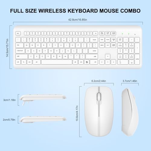 Wireless Keyboard and Mouse Combo, Full Size Silent Ergonomic Keyboard and Mouse, Long Battery Life, Optical Mouse, 2.4G Lag-Free Cordless Mice Keyboard for Computer, Mac, Laptop, PC, Windows(White)