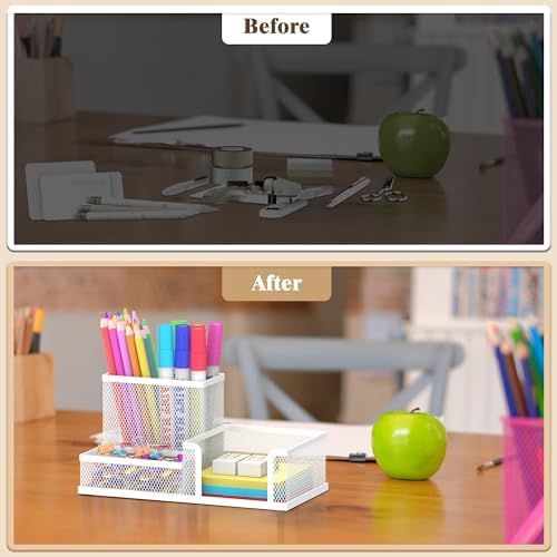 SUPEASY Pen Holder Desk Organizer, Office Supplies Pencil Holder with 3 Compartments, Desk Accessories and Workspace Organizers for Home School Classroom, White