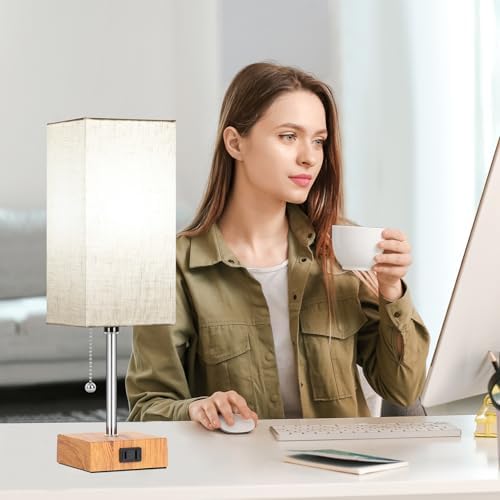 Table Lamp for Bedroom set of 2,3-Color Bedside Lamps with Pull Chain Wood