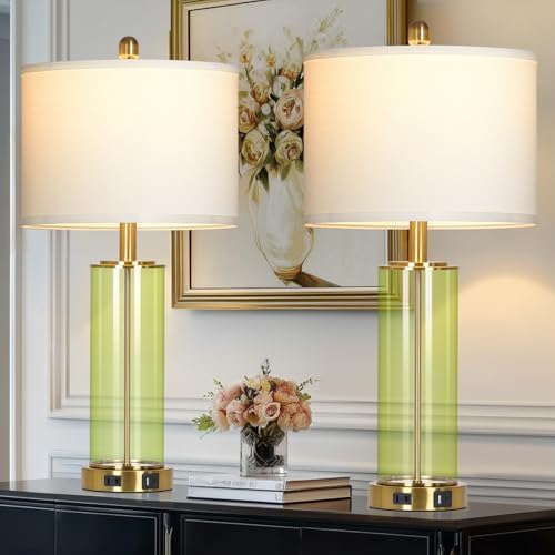 Ruzectt 26" Green Glass Table Lamps for Bedside, Modern Living Room Lamps Set of 2, Elegant Coastal Bedroom Lamp with USB A+C Ports & AC Outlet, 3-Way Dimmable Touch Lamp for Nightstand Dining Table