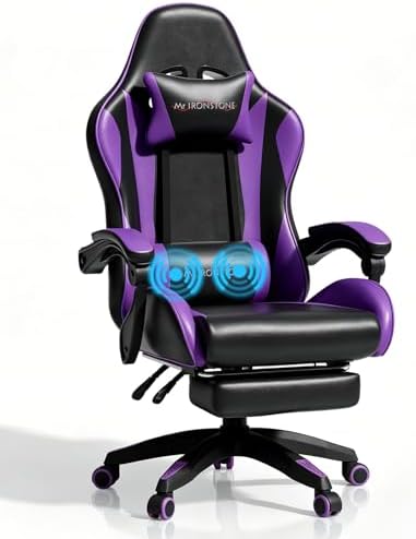 Mr IRONSTONE Gaming Chair with Footrest, Ergonomic Reclining Gamer Chair with Lumbar Support & Massage, High Back Racing Style Video Game Chair, Adjustable Headrest, Swivel Desk Chair, Purple