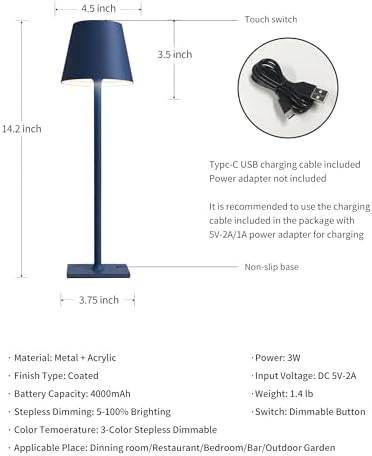 KDG 2 Pack Cordless Blue Table Lamps, Rechargeable Portable LED Desk Lamps