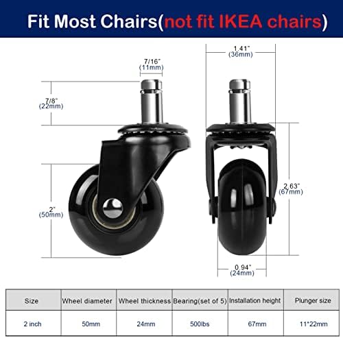 Hirate 2 inch Office Chair Caster Durable PU Wheel Replacement Set of 5 Black