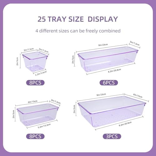 Kitchen Desk Drawer Organizers Storage for Office, Small Acrylic Vanity Trays Makeup Organizer for Drawer Bathroom Plastic Make up Organizers 25 Pcs Clear Purple