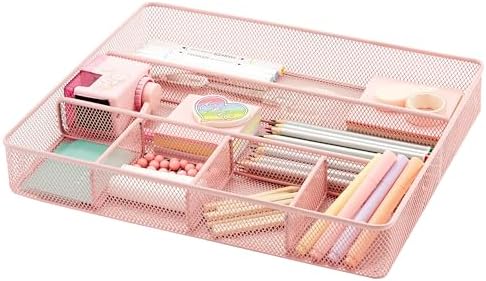 Annova Desk Top Organizer Tray for Office Organization - Metal Mesh - Storage Tray with Dividers for Pens, Desktop Accessories, Bathroom, Kitchen, Makeup and Office Supplies (Large, Light Pink)