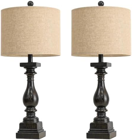 BOBOMOMO 27" Farmhouse Black Table Lamp Set of 2 with USB A+C for Bedroom Living Room Vintage Rustic Traditional Nightstand Bedside Lamps Retro Side Table Lamps (Blubs not Included)
