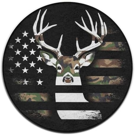Men's Large Home Decor Mat, Soft Round Yoga Carpet, Non Slip Machine Washable Home Office Circle Rug Camo Deer Hunting Camouflage USA Flag