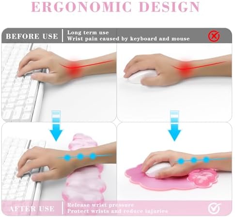 Gel Cloud Keyboard and Mouse Wrist Rest, Cute Wrist Support and Arm Support Rest for Typing Pain Relief，Suitable for Office/Computer/Laptop/Gaming Set-Pink
