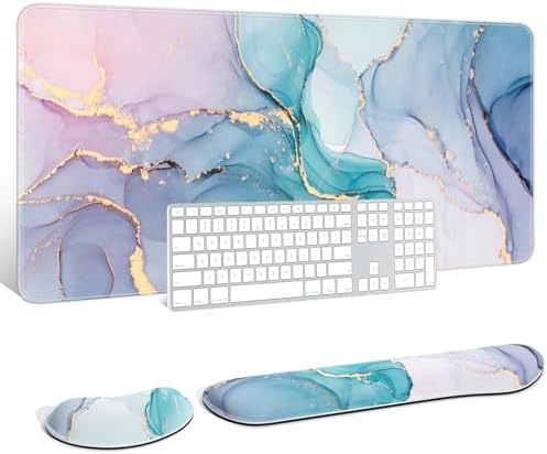 Auhoahsil Large Mouse Pad with Wrist Rests for Keyboard & Mouse, Thick Soft Ergonomic Memory Foam Wrist Supports, Big & Long Desk Mat 35.5 x 15.7 in, for Office Gaming Computer, Blue Pink Marble