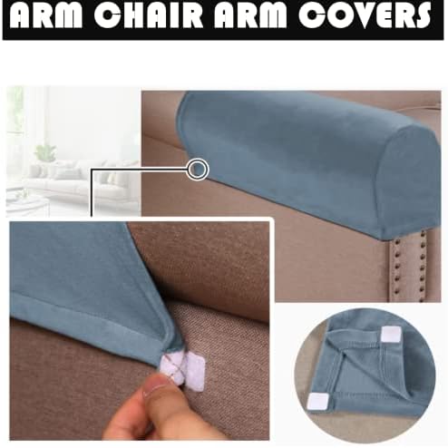 2 Pack Velvet Stretch Armrest Covers - Non Slip Sofa Chair Covers, Soft Elastic Arm Protectors for Living Room Couch, Office Chair, Recliner (Dusty Blue)