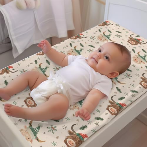 Christmas Highland Cow Winter Holiday Snowflakes Pattern Baby Changing Pad Cover, Unisex Christmas Nursery Diaper Changing Table Pad Mat Sheet for Boys Girls-16x32
