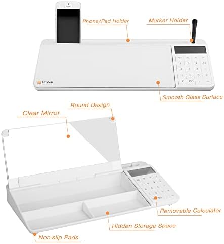 SELEAD Desktop Glass Whiteboard with Calculator & Built-in Mirror, White
