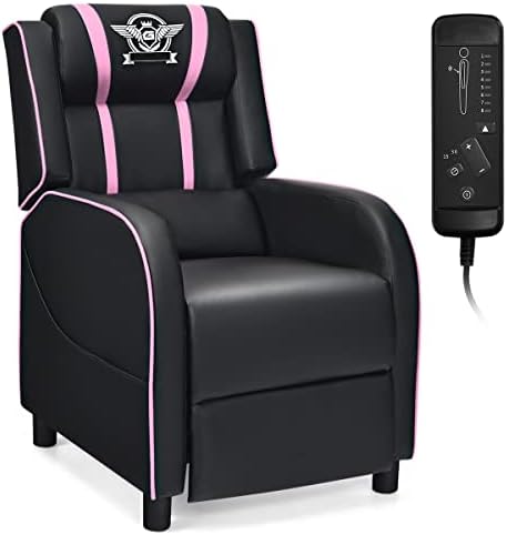 Giantex Gaming Recliner Chair, Adjustable Massage Gaming Chairs for Adults, Ergonomic Comfortable Lounge Leather Sofa w/Footrest, Remote Control & Side Pocket, Racing Style Single Sofa Recliners, Pink