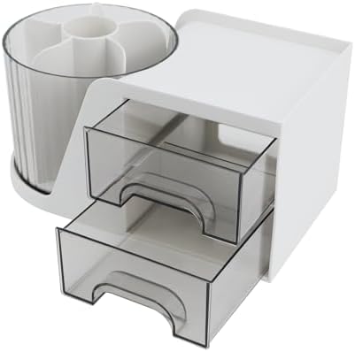 Desk Organizer with Rotating Pencil Pen Holder and 2 Small Drawers, Desk Caddy for Office Workspace Organization and Storage (White)