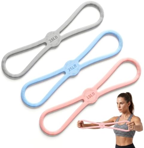 3 Pcs Figure 8 Resistance Bands for Women, Silicone Resistance Bands Figure 8 with 15-35 Lbs Tension for Arm & Shoulder Workouts (Pink, Blue, Gray, 4.4 x 19.5 in)
