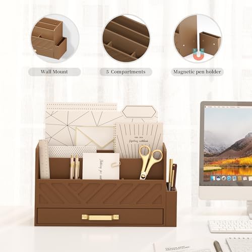 Bamboo Mail Organizer Countertop Pen Holder Wooden Desktop Storage Drawers