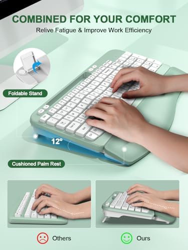 EAYBLLY 2.4G Wireless Ergonomic Keyboard, Full Size Wave Keys with Memory Foam Wrist Rest & 7.28in Phone Holder, USB-C Adapter Included for Windows Mac Chrome OS, Office or Home (Mint Green)