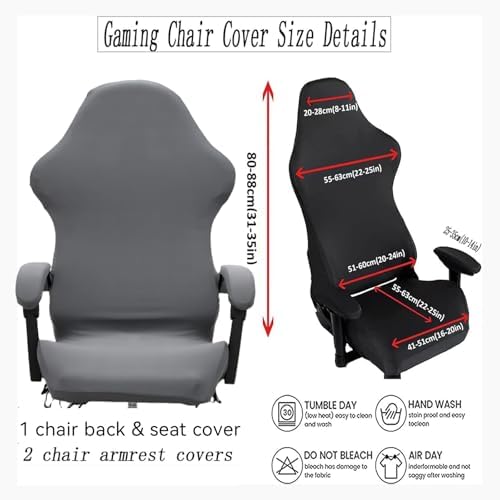 Gaming Chair Cover Set with Armrest Covers, Stretch Ruffled Slipcover for Racing Office Computer Reclining Chairs (Gray)
