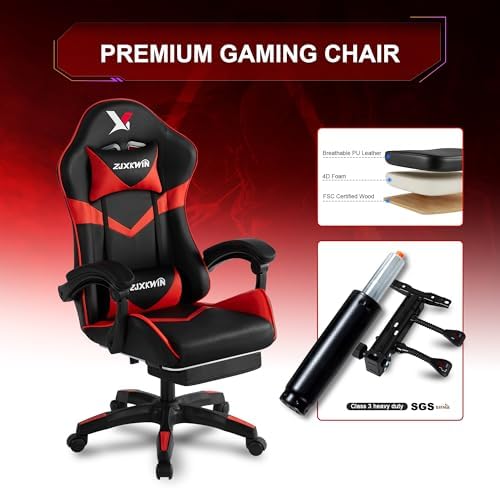 Ergonomic Gaming Chair, High Back PU Leather Office Chair with Footrest, Adjustable Lumbar Support & Headrest, 360° Swivel Computer Chair for Adults, Red & Black