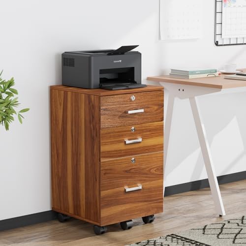 VINGLI 3-Drawer File Cabinet with Lock, Wood Rolling Filing Cabinets for Home Office, Mobile Printer Stand, Under Desk File Organizer for Letter Sized Files, 26" H(Caster Included), Walnut