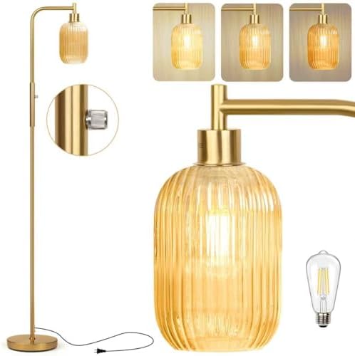 Ruiever Glass Floor Lamp for Living Room, Dimmer Standing Lamp with Green Ribbed Lampshade,66” Tall Lamp & Gold Floor Lamp for Bedroom Study Room,Brushed Gold (Amber)