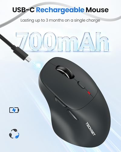 TECKNET Wireless Mouse Bluetooth 5.0/3.0 & 2.4G Rechargeable, Silent Clicks, Adjustable 4800 DPI, 6 Buttons, Ergonomic Design, Bluetooth Mouse for Laptop, Computer, ipad - Gray