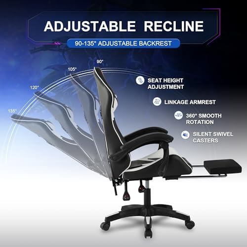 Ergonomic Gaming Chair, High Back PU Leather Office Chair with Footrest, Adjustable Lumbar Support & Headrest, 360° Swivel Computer Chair for Adults, White & Black
