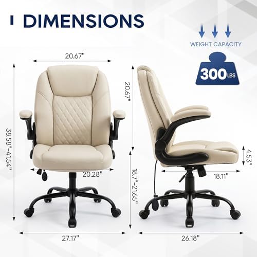 MALOL Leather Office Chair, Home Desk Chair with Flip-up Arms, Beige