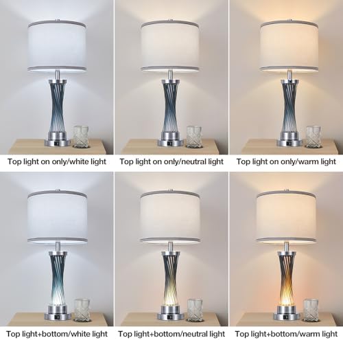 3-Way Dimmable Table Lamp Set of 2,Touch Control Lamp with Night Light,Modern Blue Crystal Table Lamps for Bedroom,Living Room，Bedside Lamps with USB A+C Ports，Fabric Lampshade(Blubs Included)