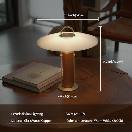Aisilan 12W LED Gold Desk Lamp, Plug-in Touch Dimmable Bedside Light with Pure Brass, Frosted Glass & White Ash Wood, Mid-Century Modern Design