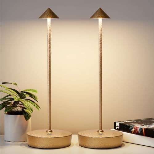 2Pack Rechargeable Cordless Table Lamp, Portable Powered LED Battery 6000mAh Metal USB Desk Lamp, 3 Levels Brightness Light for Restaurants Outdoor (2pack LCE Flower Gold)