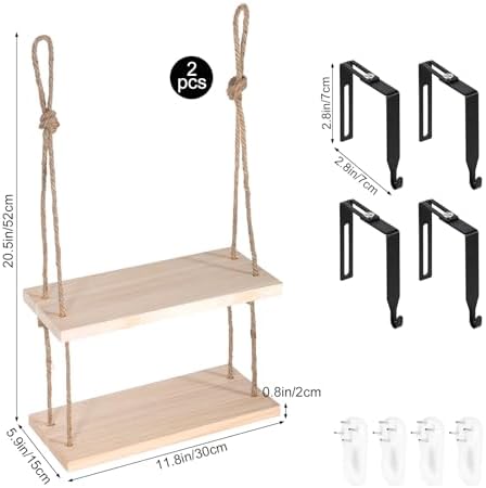 2Pcs Cubicle Shelf for Walls, Office Cubicle Accessories for Work, 11.8" 2 Tier Wooden Hanging Wall Shelf with Hooks & Cotton Rope Boho Style Decor Desk Wall Organizer Storage for Office Home