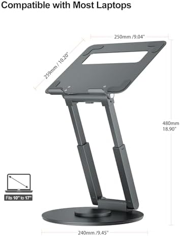 tounee Telescopic Laptop Stand for Desk with 360° Swivel Base, Sit to Stand, Height Adjustable, Portable Riser Holder for Good Posture, Compatible with MacBook Pro, All Laptops 10-17"-Gray
