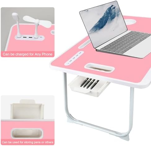 Laptop Bed Table, Laptop Desk for Bed, Foldable Laptop Bed Desk with USB Charge Port, Handle, Desktop Card Slot, Cup Slot, Side Drawer, Portable Laptop Table for Bed Eating Reading Working