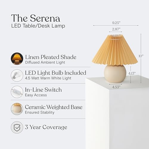 Brightech Serena LED Table Lamp - Small 10" Modern Ceramic Lamp with Pleated Shade for Bedside, Nightstand, Desk - Mini Night Light with Cozy Soft White Light for Living Room, Bedroom - Peach
