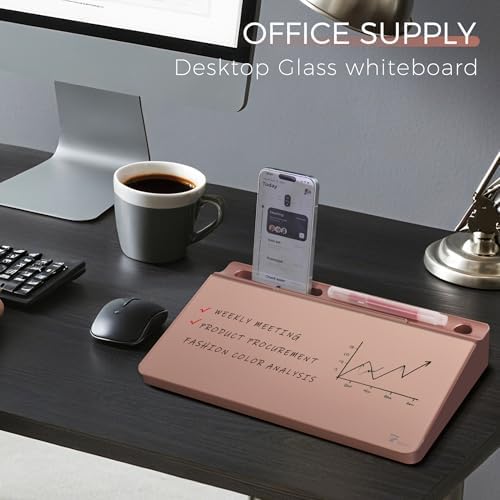 TOWON Compact Glass Desktop Whiteboard with Storage 12x7 in, Rose Gold