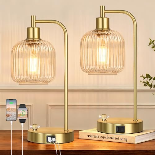 Clear Glass Table Lamps Set of 2, Dimmable Bedside Lamps for Living Room