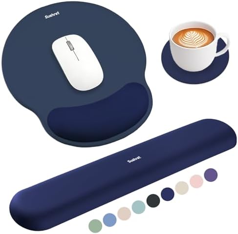 Sushret Mouse Pad and Keyboard Wrist Rest, 3-in-1 Gel Memory Foam Ergonomic Mouse Pad with Wrist Rest Set, Gaming Mousepad Arm Cushion Support for Computer Office Desk Accessories Cute Setup,Dark Blue