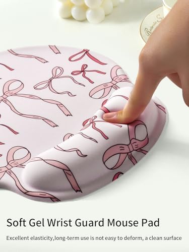 Seorsok Pink Ribbon Bow Mouse Pad with Gel Wrist Support Mouse Pad,Ergonomic Aesthetic,Comfort Mousepad for Office Work Computer,Pain Relief Mousepad with Non-Slip Silicone Base,Beautiful Bowknot