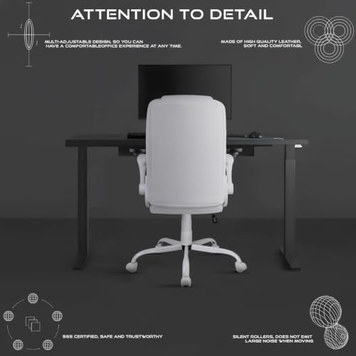 Ergonomic Office Chair with Flip-up Armrests, Big and Tall Leather Executive Office Chair, High Back Lumbar Support Home Computer Desk Chair, Heavy and Duty Computer Chair (White)
