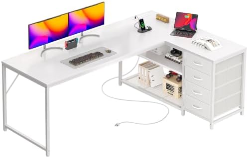 PRAISUN 61" L Shaped Desk with Power Outlets & 4 Drawers