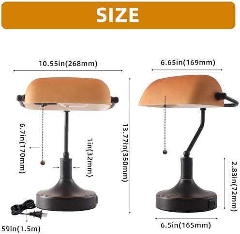 Vintage Bankers Desk Lamp with Pull Chain Switch, Traditional Desk Lamp with USB A and Type C Charging Port, Oil Rubbed Bronze Table Lamp with Amber Glass Shade for Office, Library, Study Room