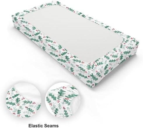 Watercolor Christmas Leaves Winter Holiday Pattern Baby Changing Pad Cover, Unisex Christmas Nursery Diaper Changing Table Pad Mat Sheet for Boys Girls-16x32